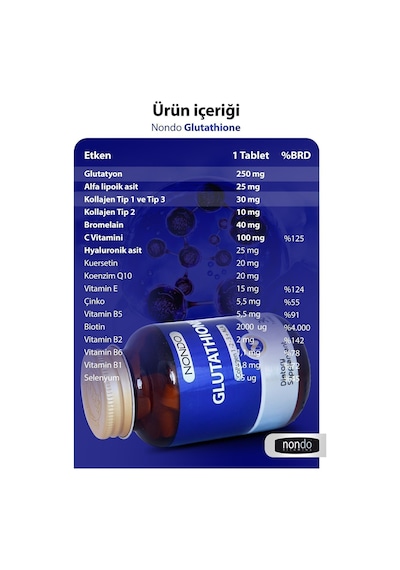 Nondo Glutatyon 30 Tablet Glutathione Kolajen 1-2-3 Alfa Lipoik Asit Bromelain Hyaluronik Asit
