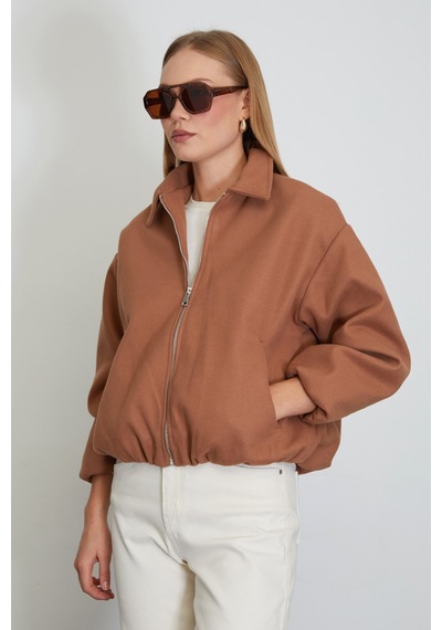 Fullamoda Fermuarlı Cepli Polo Yaka Kaşe Bomber Mont Taba