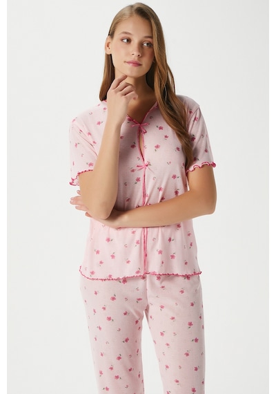 Ritnice Kadın Juliet Kurdeleli Yumuşak Doku Pembe Çiçekli Pijama Takımı