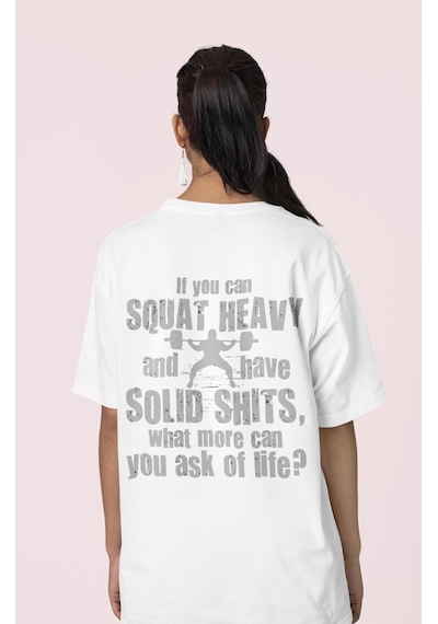 Özel Tasarım Squat Yazılı Sırt Baskılı Unisex Oversize Sporcu Fit Beyaz