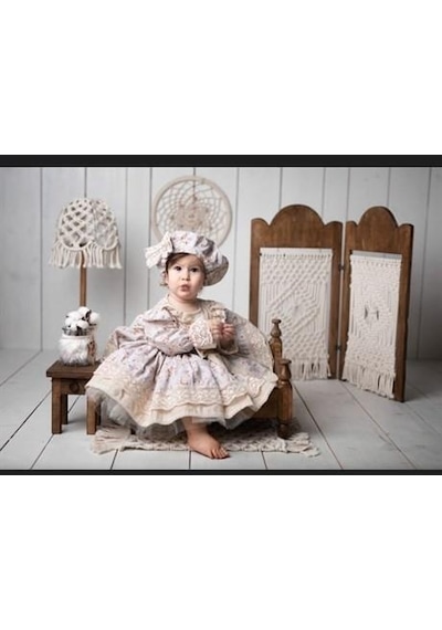 H L Y Karol Tasarım Vintage Model Çiçekli Elbise - Çocuk Abiyesi - Doğum Günü Kıyafeti 0-12 Yaş İçin Uygun KREM