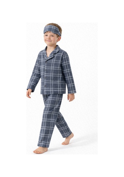 Beka Kids Erkek Çocuk Önden Düğmeli Kareli Pijama Takımı - Göz Bantlı Gri