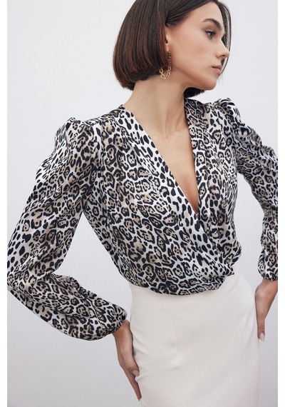 Sateen Leopar Desenli Bodysuit - Siyah-135268 Siyah