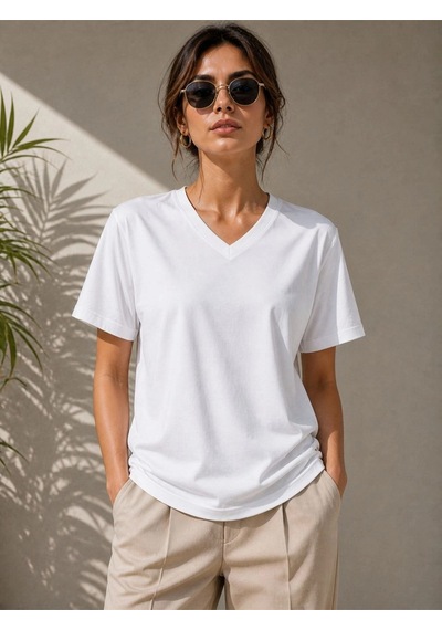 Wear Vexel Kadın V Yaka Basic Tişört Kısa Kol Yazlık Regular Fit T-shirt - Beyaz Beyaz