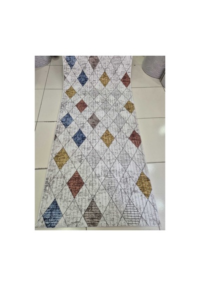Nesrin Modern Renkli Baklava Desenli Kaymaz Jel Taban Halı Yolluk Renkli Beyaz