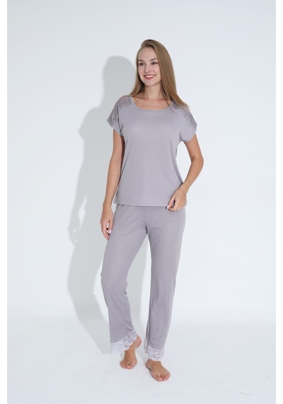 Siyah İnci Dantel Detaylı Soft Touch İnce Örme Pijama Takım Koyu Gri