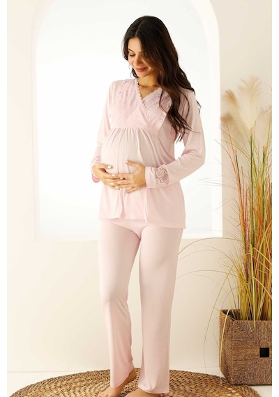 Farya Home Premium Kutulu Emzirme Bölmeli Dantelli Hamile Lohusa Pijama Takımı Açık Pembe