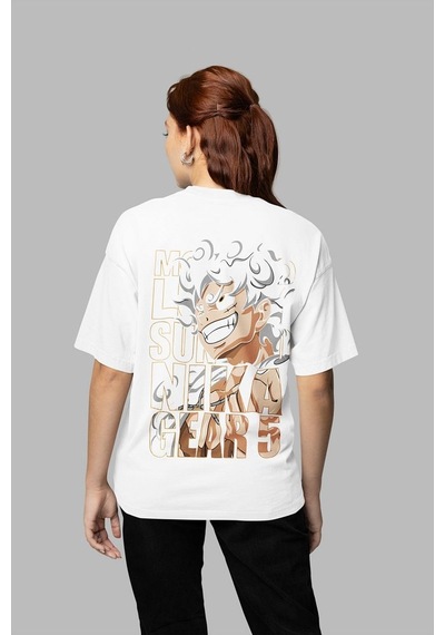 Sevbano Monkey D. Luffy Nika Gear 5 Baskılı Unisex Oversize Anime Karakte Beyaz