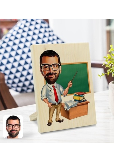 Kişiye Özel Erkek Öğretmen Karikatürlü Dekoratif Ahşap Çerçeve Mo