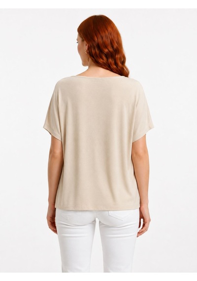 Neden Tekstil Kadın Basic Bej Kayık Yaka Kısa Kollu T-shirt