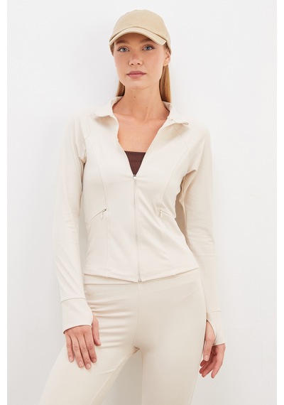 Fullamoda Parmak Geçirmeli Dalgıç Kumaş Slim Fit Ceket Bej
