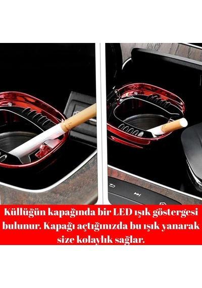 Araç İçi Küllük Işıklı Kapaklı Yanmaz Koku Geçirmez Multi Fonksiyon Üniversal Kırmızı Glz03504053