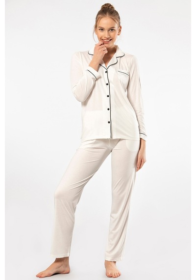 Türen 3365 Kadın Uzun Kollu Gömlek Yaka Pijama Takım-ekru Ekru