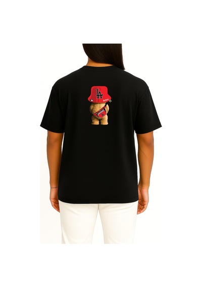 Bahriyeli Collection Oversize Oso Teddy Bear La Los Angeles Cep Ve Sırt Baskılı Unisex T-shirt Siyah