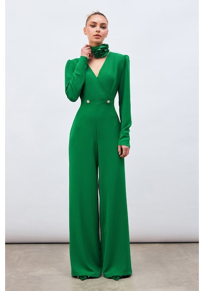 Sateen Kruvaze Süs Taşlı Krep Tulum - Yeşil