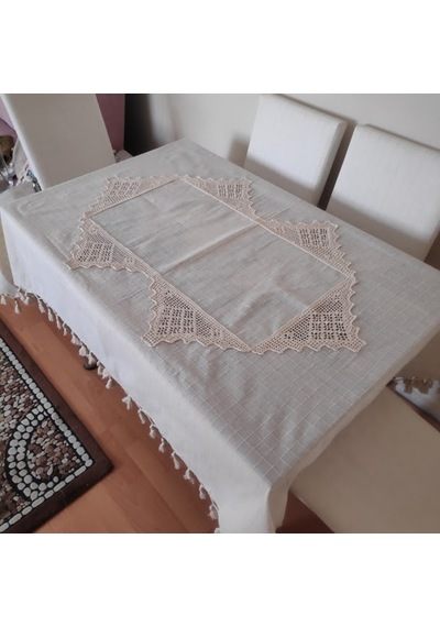El Dantel Saçaklı Masa Örtüsü Pamuk Buldan - Bodrum Örgü Otantik