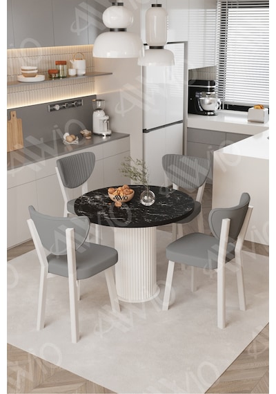 Avvio Elma Yuvarlak Siyah Mermer Mutfak Masa 4 Adet Sandalyeli Takım 90x90 Cm Gri Avvio Elma Yuvarlak Siyah Mermer Mutfak Masa 4 Adet Sandalyeli Takım 90x90 Cm Gri