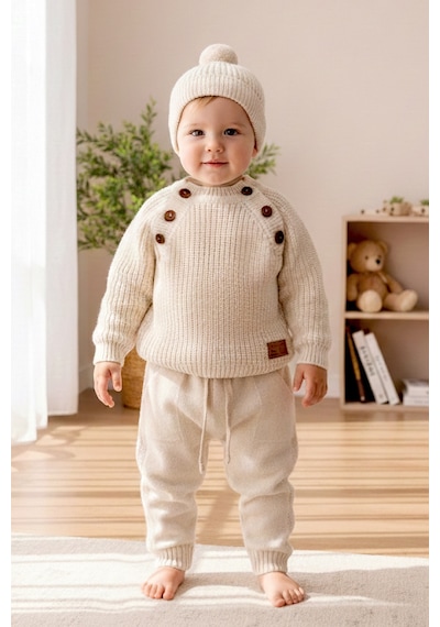 Babymod Bereli Triko Kışlık Erkek Bebek Takım Ekru