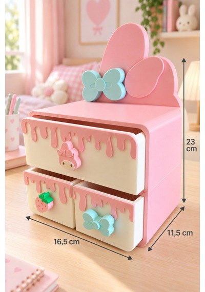 Pembe Fiyonk Temalı 2 Katlı 3 Çekmeceli Çok Amaçlı Çocuk Odası Organizeri