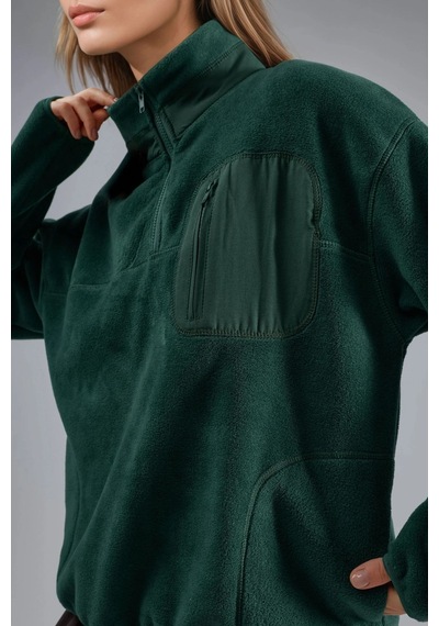 Hiccup Busem Fermuarlı Yakalı Peluş Örme Sweatshirt, Cepli Çam Yeşili