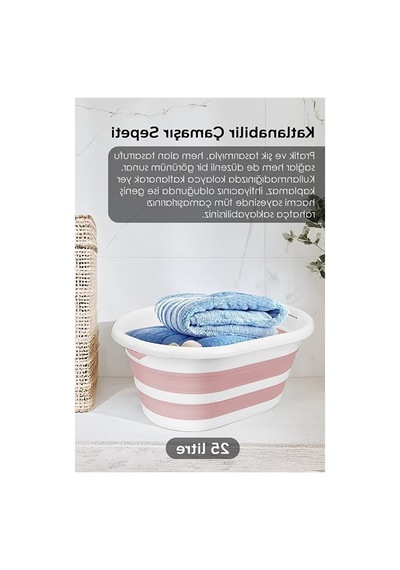 25 Litre Kapasiteye Sahip Katlanabilir Pembe Silikon Çamaşır Sepeti Açık Bej