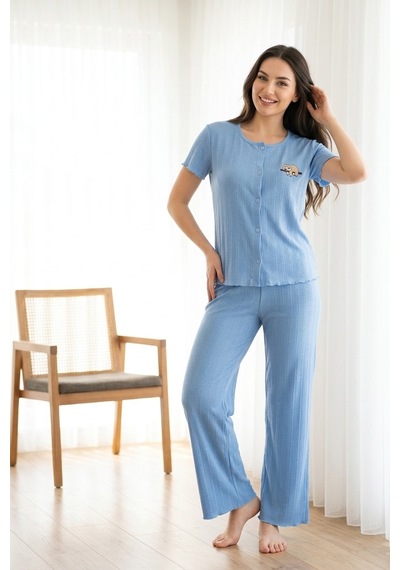 Aura Collections Kadın Ayıcık Desenli Bambu Viskon Kısa Kollu Soft Örme Pijama Takımı Mavi