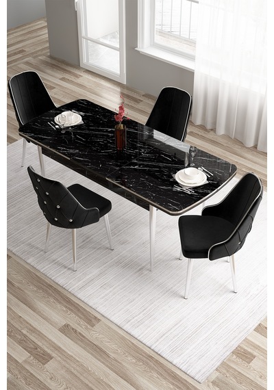 Canisa Tia Serisi 80x132 Mdf Açılabilir Siyah Mermer Desen Krom Detay Masa Takımı Ve 4 Siyah Sandalye Masa Siyah Mermer Desen Sandalye Siyah Canisa Tia Serisi 80x132 Mdf Açılabilir Siyah Mermer Desen Krom Detay Masa Takımı Ve 4 Siyah Sandalye Masa Siyah Mermer Desen Sandalye Siyah