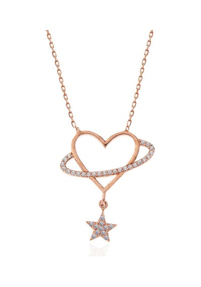 925 Ayar Gümüş Rose Kalp Yıldız Kadın Kolye Rose Gold