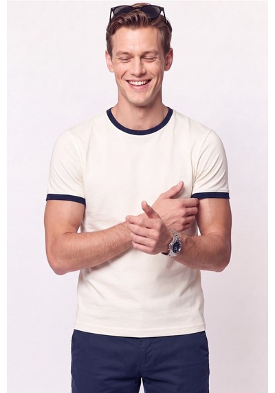 Efor Slim Fit Bisiklet Yaka Ekru - Lacivert Tişört Ts 932 Ekru-lacivert