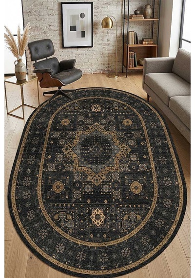 Frenda Home Fas Kapısı Desenli Yıkanabilir Pamuk Taban Oval Halı Vizon