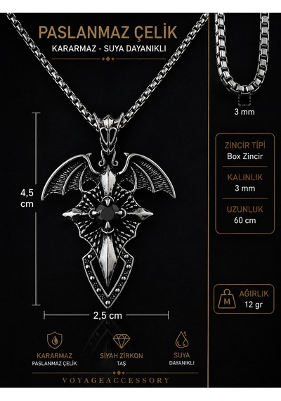Paslanmaz Çelik Siyah Zirkon Taşlı Melek Kanat Stil Gotik Kadın Kolye Gümüş - Siyah