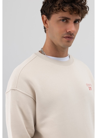 Vamos Oversize Bisiklet Yaka Baskılı Sweatshirt Taş