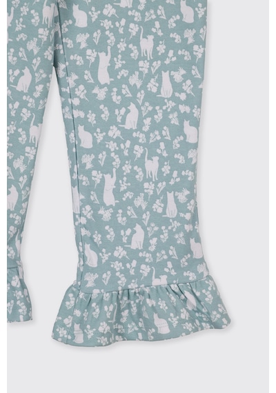 Panço Kız Çocuk Kolları Fırfır Detaylı Kedi Desenli Beli Lastikli Mavi Pijama Takımı 2511GK39004