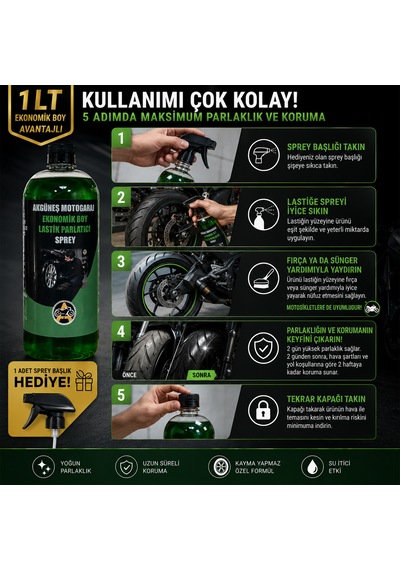 Akgüneş Motogaraj Lastik Parlatıcı Uv Korumalı, Kayma Yapmayan Profesyonel Lastik Bakım Ürünü 1 Lt