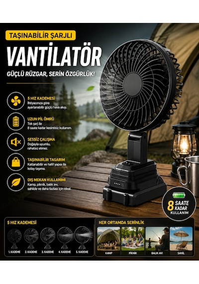 Şarjlı Taşınabilir Vantilatör 8 Saat Kullanım Turbo Şarjlı Şarj Göstergeli 5 Kademeli Outdoor Kullanımı