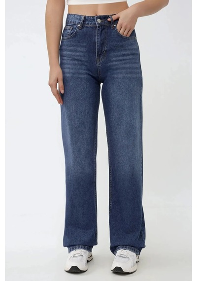Hiccup Yüksek Bel Straight Kot Pantolon Orta Mavi Denim