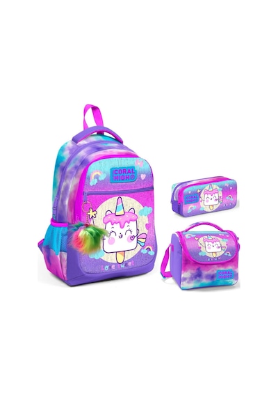Coral High Kız Çocuk Mor Pembe Dondurma Üçlü İlkokul Okul Çanta Seti