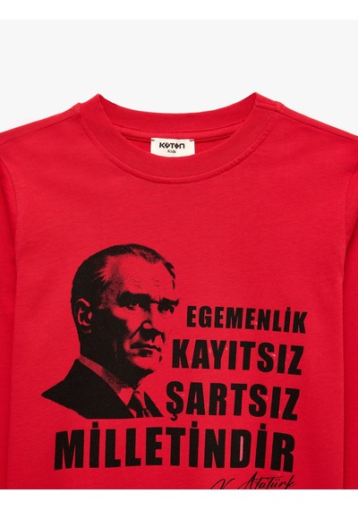 Koton Atatürk Baskılı Bisiklet Yaka Uzun Kollu Pamuklu Tişört Kırmızı 7wkg10707ak