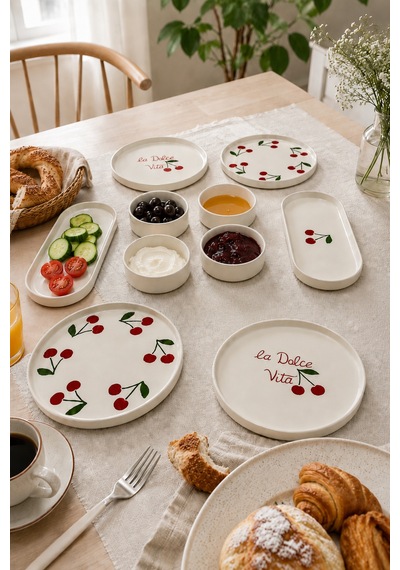 Vita Cherry 10 Parça 4 Kişilik Kahvaltı Takımı Lüx Kahvaltılık Sunum Seti Tabağı & Pasta Sunum Tabağı Beyaz