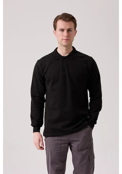 Galanthus Polo Sweat Uzun Kollu Pamuklu Sweatshirt İş Ve Günlük Kullanım İçin Siyah