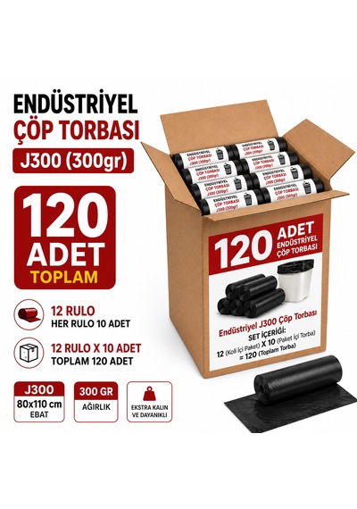 Endüstriyel Jumbo Boy Çöp Torbası 80x110 Cm 12 Rulo - 120 Adet Sızdırmaz Kalın Çöp Poşeti 300gr