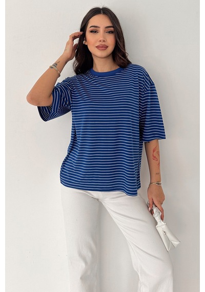 Noa & Noa Kadın Oversize Çizgili Tişört Monochrome Ease Mavi