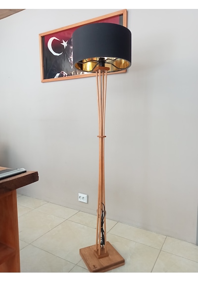 Siyah Gold Başlıklı Açık Meşe Ahşap Lambader Gold Siyah