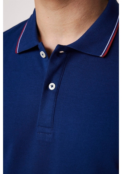 Tudors Erkek Slim Fit Dar Kesim %100 Pamuk Düz Pike Kol Şeritli Lacivert Polo Yaka Tişört-27647 Lacivert