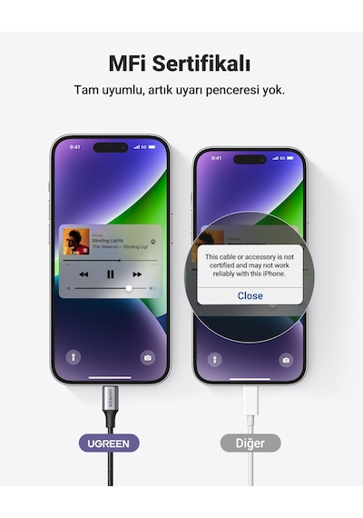 Ugreen Mfi Sertifikalı Lightning To 3.5mm Örgülü Ses Kablosu, 1 Metre, Siyah, 70509