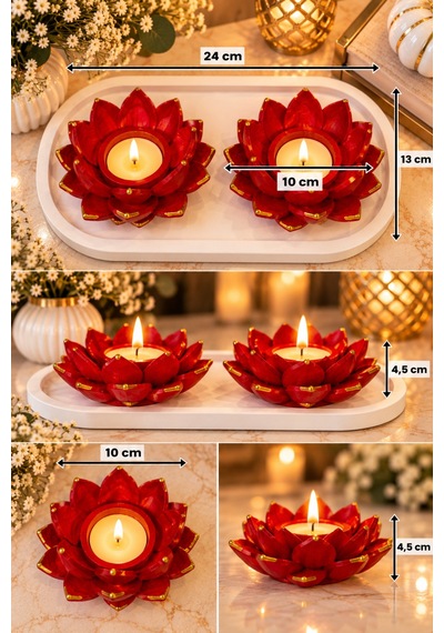 Kırmızı Lotus 2 Li Dekoratif Mumluk Seti Gold Detaylı El Yapımı Kırmızı