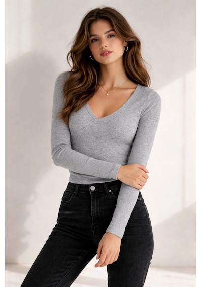 Barlashive Kadın Fitilli Kaşkorse V Yaka Uzun Kollu Body Bluz Slim Fit - Gri Çok Renkli