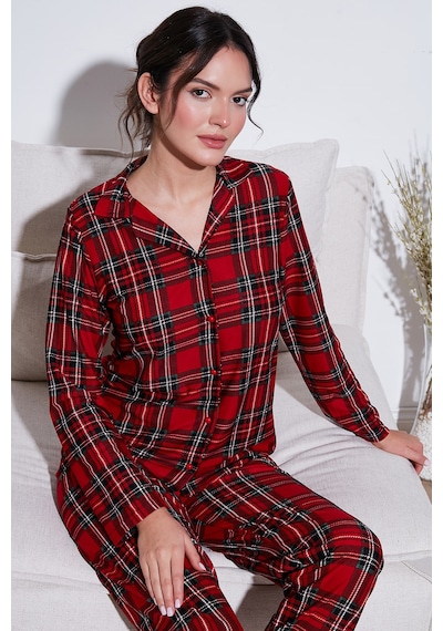 Lela Streç Regular Fit Apaş Yaka Beli Lastikli Bayan Pijama Takımı 65720501 Kırmızı-Yeşil