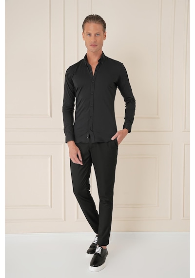 Efor Slim Fit Düğmeli Yaka Esnek Pamuk Klasik Siyah Gömlek Gk 727 Siyah