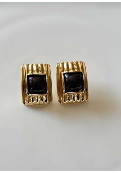 Lunarie Kare Vintage Küpe Kararmayan Gold Nervürlü Çerçeve Reçine Siyah